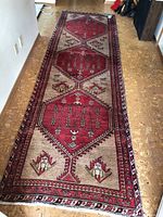 Full view of long narrow rug showing geometric medallion pattern