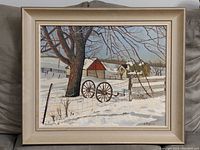 Full view of the winter landscape painting showing wood frame and artwork.