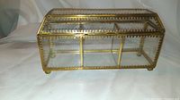 Front view of small rectangular brass and glass terrarium with three internal sections and ornate detailing.
