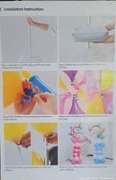 Installation instruction images showing steps to assemble balloon column with PVC pipes, water bags for base, balloon clips, and examples of assembled balloon columns with unicorn balloons.