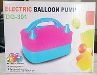 Box front showing image of pink and blue electric balloon pump with model DG-301 and colored balloon graphics.