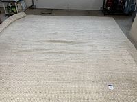 Full view of large ivory woven area rug spread on floor, useful to see overall size and fabric texture