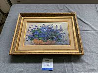 Frontal view of framed oil painting showing entire artwork and frame.
