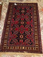 Full view of rectangular rug showing overall geometric pattern and fringe