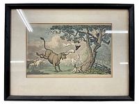 Framed antique print showing full view of the Doctor Syntax pursued by a bull scene in rural setting with man climbing a tree and various animals.