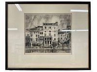Full view of the framed antique Samuel Chamberlain etching depicting a waterfront architectural scene.
