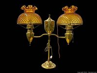 Front view of lamp with amber hobnail glass shades