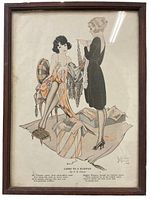Full view of the framed antique flapper print showing two women and the frame details.