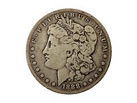 Obverse view of 1888 O Morgan Silver Dollar showing Lady Liberty and inscriptions.