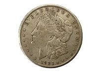 Obverse side of 1921 S Morgan Silver Dollar showing Lady Liberty and year 1921
