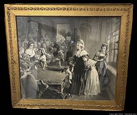 Full view of framed engraving showing entire artwork and frame with visible damage.