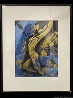 Front view of framed abstract gouache painting showing full composition and frame