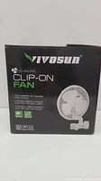 Front and side views of boxed VIVOSUN AeroWave A6 clip-on fan showing branding, model, and features like 90-degree oscillation and two-speed adjustment.