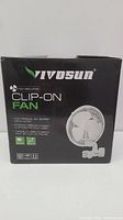 Front view of VIVOSUN AeroWave A6 clip-on fan box showing brand, product type, features like 2-speed oscillating fan and clip-on mounting system.