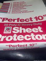 Close-up of box label indicating features and quantity of sheet protectors.