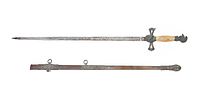 Full-length view of double-edged sword alongside matching metal scabbard on white background