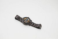 Full top-down view of the automatic skeleton wrist watch with black metal band.