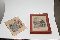 Two framed and one loose hand-painted lithograph depicting vintage fashion scenes with women in detailed 18th-19th century attire, all on a white background.