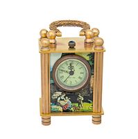 Front view showing round clock face with Roman numerals and porcelain image artwork below the dial