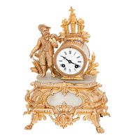 Full front view of the gilt bronze figural clock on marble base