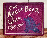 Front cover of the album with title 'The Anglo Boer War 1899-1900' embossed in gold, showing a mounted soldier illustration on purple textured background.