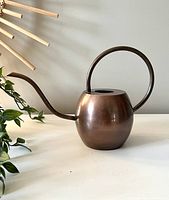Copper coloured metal watering can with rounded body, curved spout extending to the side and circular handle on top, shown from front angle.