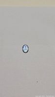 Oval cut purple-blue tanzanite gemstone shown from a top view on neutral background.