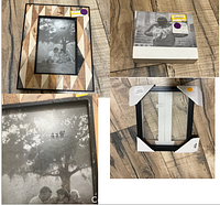 Set of five 4x6 picture frames including one with a wood geometric pattern and four simple black frames.