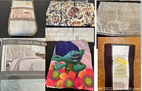 Photo showing a pillowcase with Trolls character and flower print, a package of Sanibel Isle standard shams, a cream/white striped pillowcase, and burgundy pillowcases in packaging.