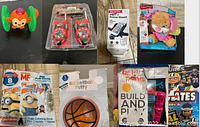 Overview of all seven toys including monkey toy, walkie talkies, phone mount, Fisher Price doll, coloring sets, basketball putty, Antsy Pants expansion pack, and Teeny Mates football pack.