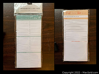 Photo showing two styles of Design Group magnetic list pads in packaging, one with a schedule layout and one with categorized list sections, both 3.5 in x 7.5 in.