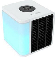 Front-side view of white Evapolar evaLIGHT personal evaporative air cooler with black front grill and glowing blue water tank.