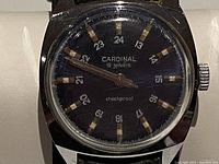 Close-up of watch face showing 'CARDINAL 19 jewels' and shockproof marking with 24-hour and regular hour markers.