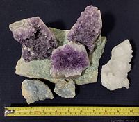 Top-down view showing all specimens on a black surface with measuring tape for scale, largest amethyst approximately 4 inches wide.