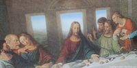 Close-up of mid-section featuring Jesus and several disciples at the table with visible plates and bread.
