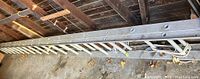 Full view of the aluminum extension ladder laid on the ground showing its length and metal construction.