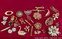 Full overview of all brooches and earrings laid on red cloth