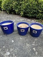 Three blue ceramic plant pots on outdoor concrete surface with green shrub background. Each pot has a white plaque with butterfly cut-out design.