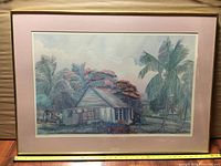 Framed lithograph showing the full artwork with house, palm trees, and flowers visible.