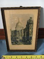 Full view of the framed vintage etching, showing the entire piece including frame and glass.
