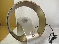 Front top angled view of Direx bladeless adjustable fan showing control buttons and circular fan head.