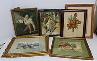 Wide view of six framed pictures including portraits, florals, and scenic illustrations in various frames