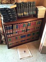Wooden shelf with black-bound Gateway to the Great Books on top, color-banded volumes of Encyclopaedia Britannica in middle and bottom sections
