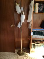 Full view of lamp showing overall height and profile against wall and bookshelf