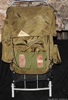 Full view of the large olive green cross country backpack mounted on a silver metal frame, showing front compartments and straps.