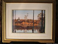Framed limited edition print by Robert Binks showing wood ducks flying over a backwater Florida pond with trees and reflections in water.