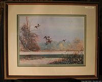 Framed limited edition print 'Late Season Mallards' showing mallard ducks flying over a snowy, late season wetland scene with bare trees and distant foliage.