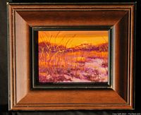 Miniature original landscape painting with orange sunset and purple foliage in a square dark wood frame