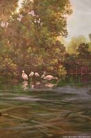 Portrait-oriented shot of the acrylic painting showing wading birds in a backwater spring with dense foliage.