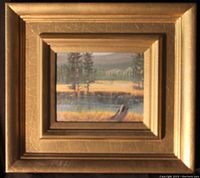 Photo of the original framed acrylic painting by Robert Binks depicting a natural Yellowstone meadow landscape in a textured gold frame.